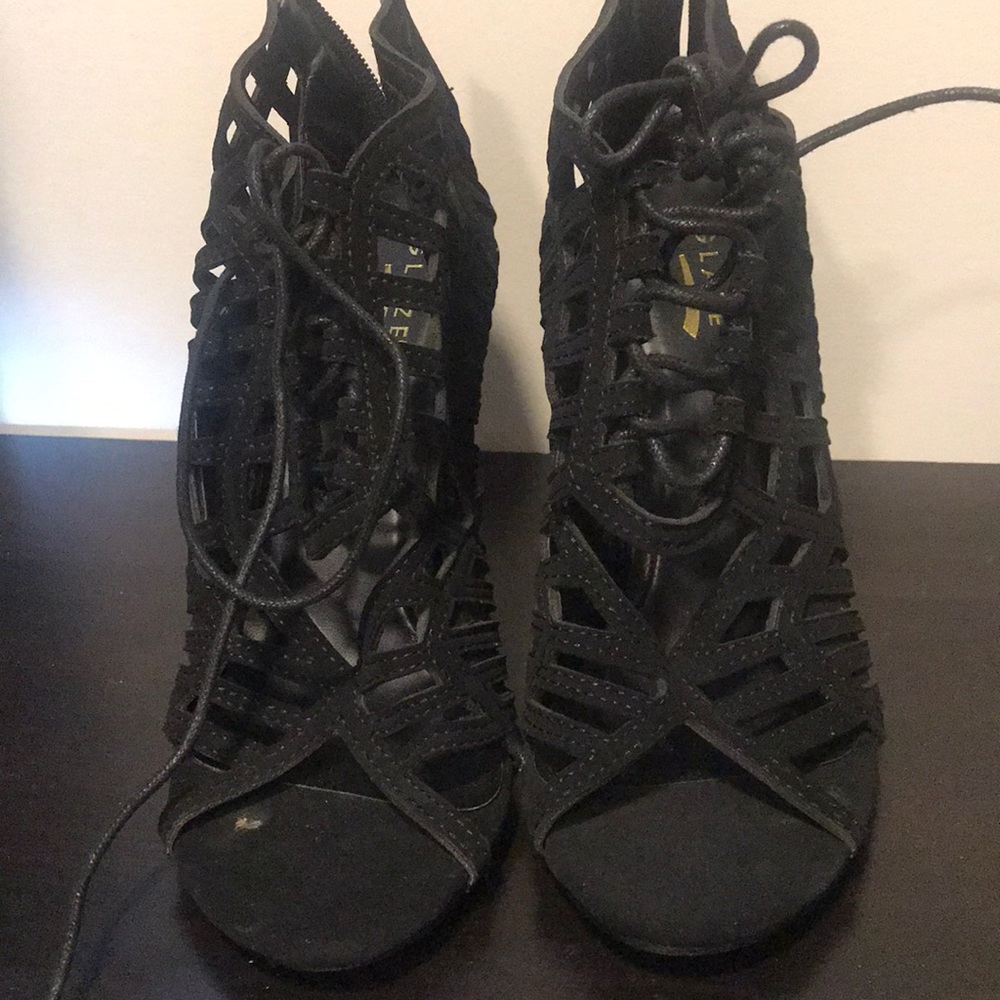 Black Caged Lace Up Heels
